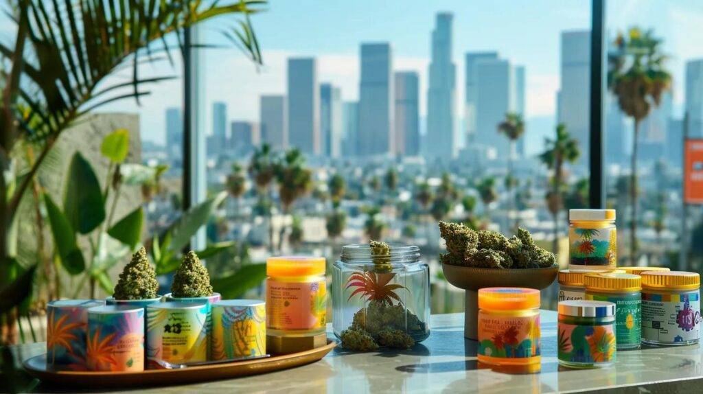a vibrant display of jeeter juice and randy watzon #13 cannabis products is arranged artfully on a sleek tabletop, set against a dynamic california cityscape with palm trees, capturing the essence of premium relaxation and mental clarity.