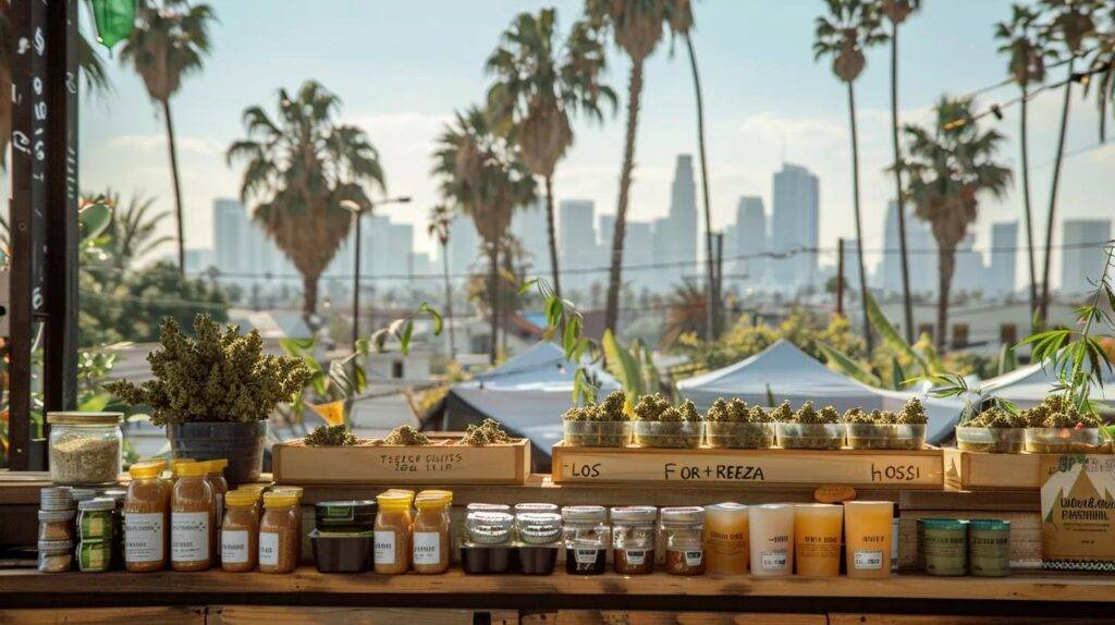 a vibrant display of lost farms edibles and blue razz strain products is neatly arranged against a backdrop of a bustling california cityscape with palm trees, highlighting the intersection of cannabis culture and urban lifestyle.