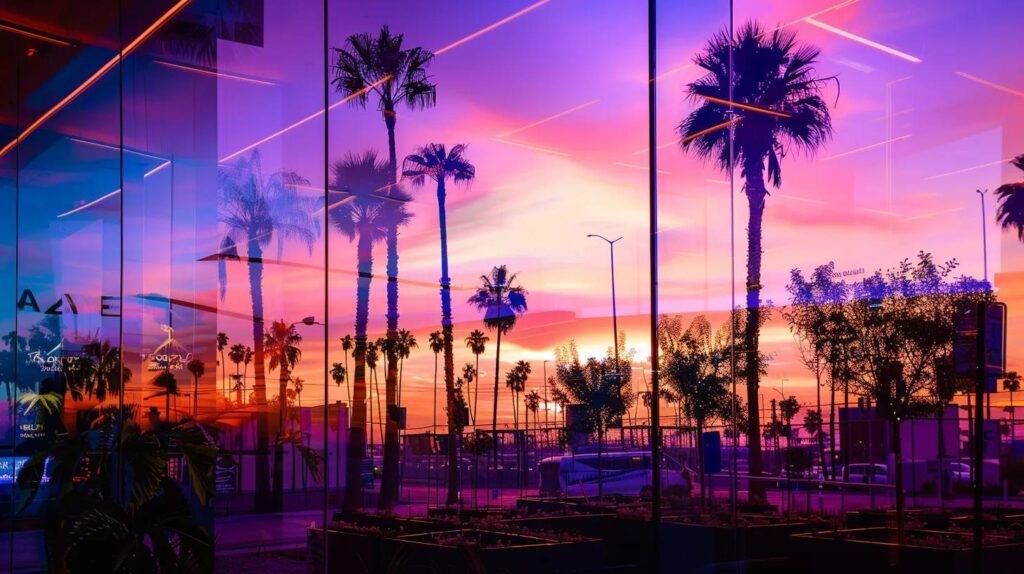 a vibrant display of meticulously curated cannabis live resin carts is showcased against a sleek urban backdrop of west covina, featuring iconic california architecture and silhouetted palm trees.