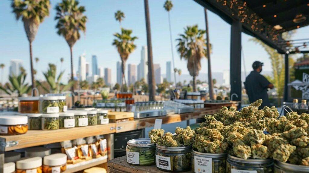 a vibrant display of premium cannabis products, including white truffle strain and live resin carts, artfully arranged against a backdrop of urban california cityscapes and stylized palm trees, capturing the essence of west covina's cannabis culture.