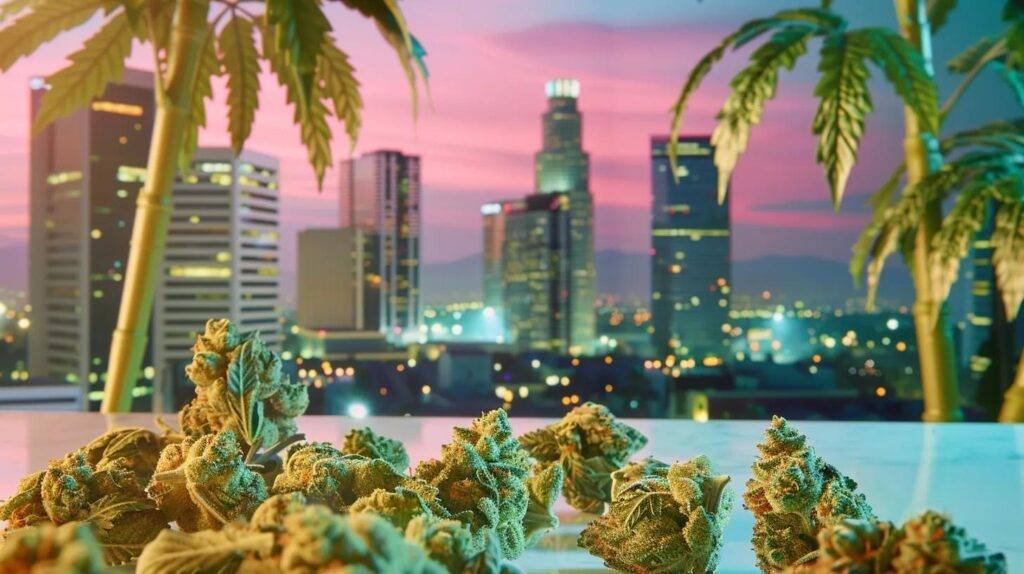 a vibrant display of premium cannabis edibles, showcasing their innovative flavors amidst a stylish california-inspired urban backdrop featuring iconic palms and sleek city architecture.