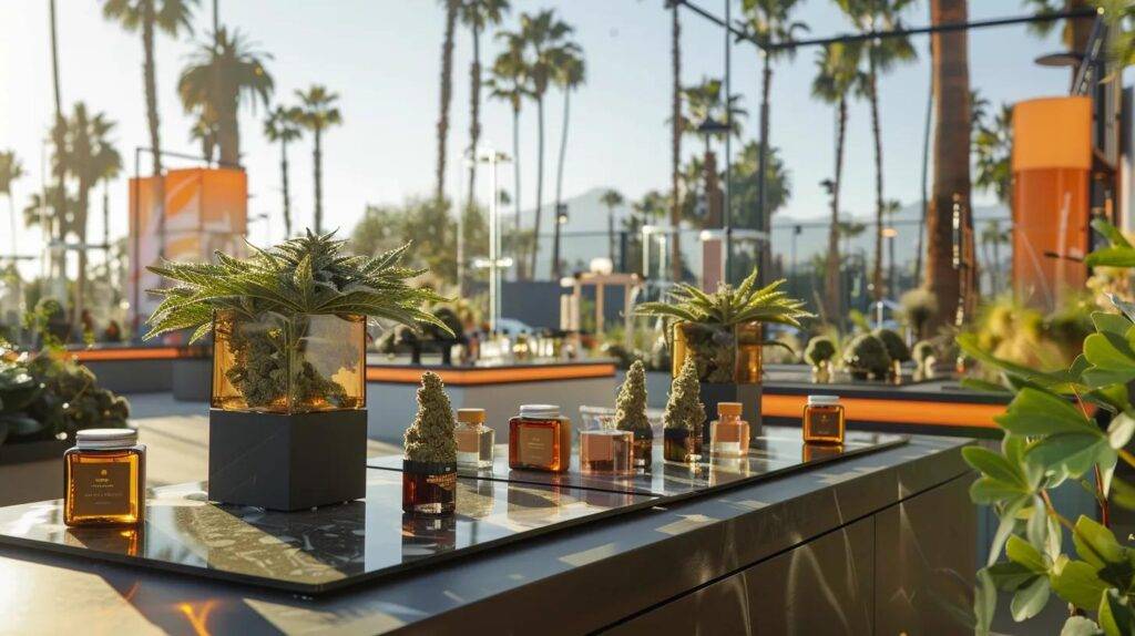 a vibrant display of premium cannabis products, including the white gummy big chief strain and sleek dab rigs, is set against a stylish california urban backdrop, showcasing palm trees and modern architecture that evokes a sense of personalized delivery service expertise.