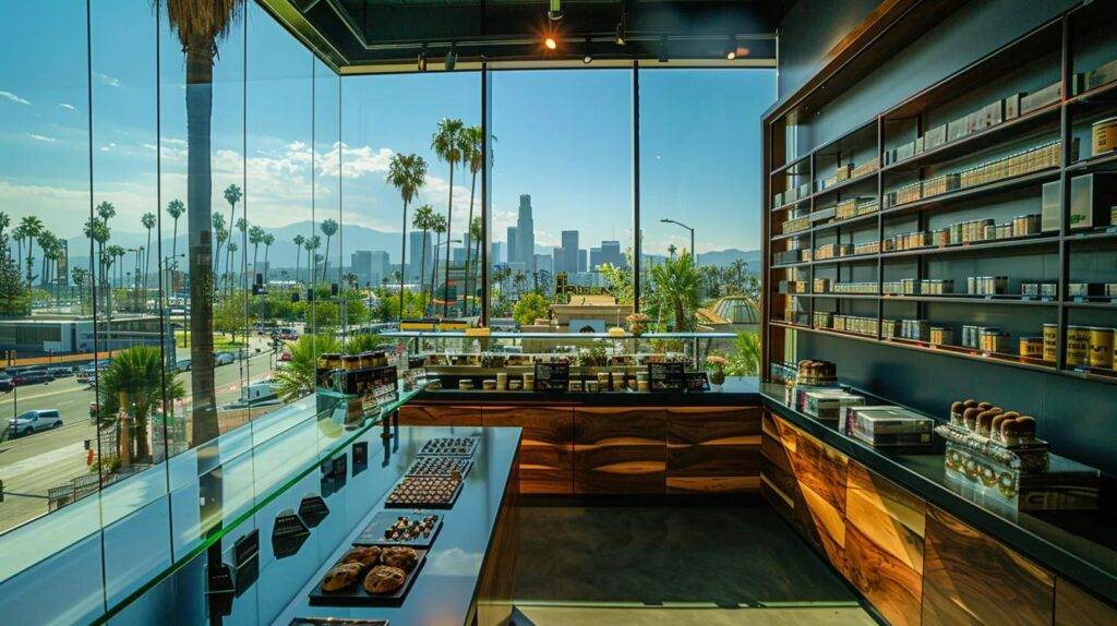 a vibrant display of premium cannabis products, including sour diesel and kiva chocolates, elegantly arranged against a backdrop of a bustling california cityscape featuring palm trees and modern architecture, highlighting the convenience of west covina's weed delivery service.