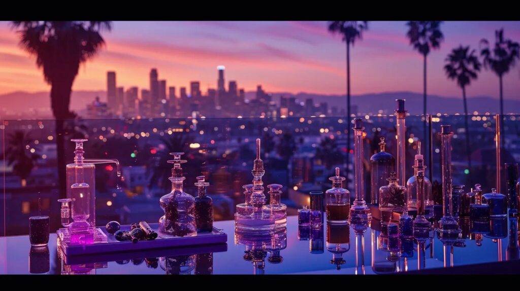 a vibrant display of sleek, modern dab rigs and innovative cannabis accessories is showcased on a polished surface against a backdrop of a bustling california cityscape, complete with iconic palm trees and a sunset glow.