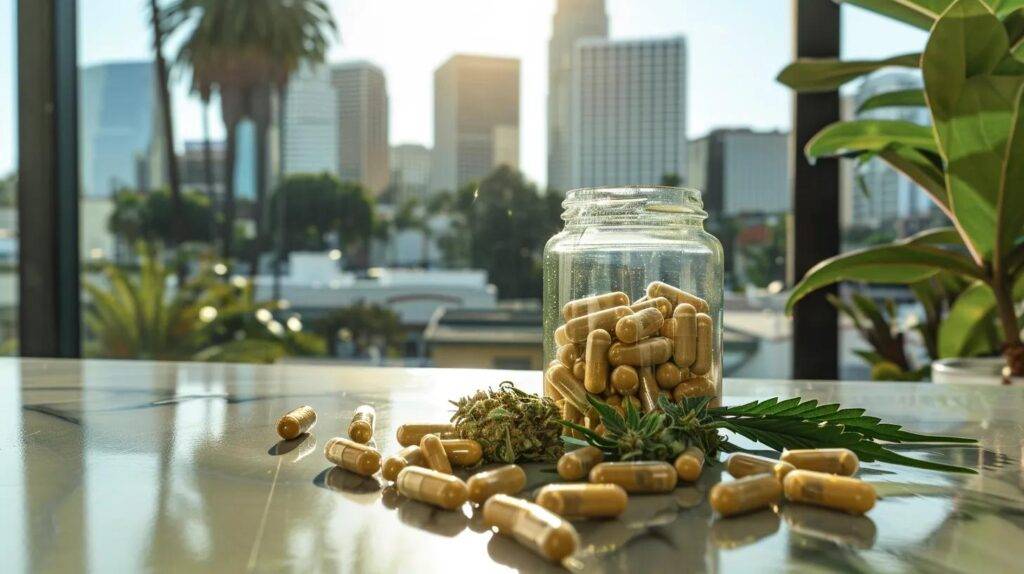 a vibrant display of white truffle high thc capsules is elegantly arranged on a sleek urban desk, with a backdrop featuring the iconic skyline of a california city, palm trees adding a modern twist to the professional setup.
