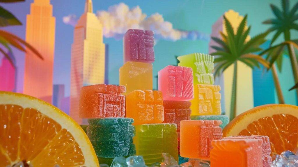 a vibrant display of wyld cbd gummies in various fruit flavors is showcased against a california-inspired urban backdrop, featuring iconic city buildings and palm trees, highlighting the modern appeal of these wellness products.