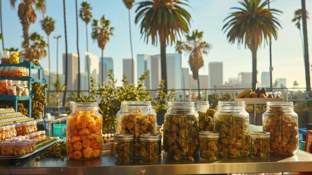 a vibrant, professional display of artisanal cannabis products, including apple fritter strain, is artfully arranged against a backdrop of a bustling california cityscape, featuring iconic palm trees and a clear blue sky.