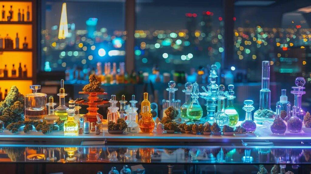 a vibrant, urban-inspired display of meticulously arranged high-quality dab rigs and cannabis products set against a backdrop of california cityscapes, highlighting the importance of informed purchasing decisions.