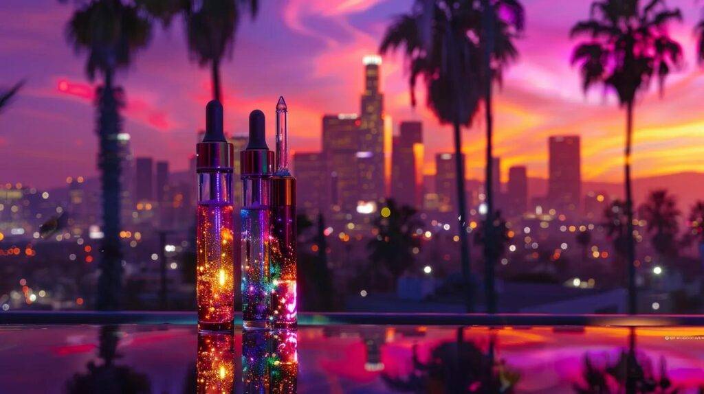 a vibrant urban setting showcases premium live resin dab pens and cannabis gummies artfully arranged against a backdrop of iconic california cityscapes and palm trees, highlighting the essence of quality and fast delivery by watzon extracts.