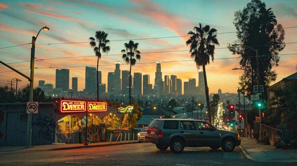 a vibrant urban setting showcasing a neat array of cannabis products against a backdrop of iconic los angeles cityscapes and palm trees, highlighting the regulatory professionalism and safety in cannabis delivery services.